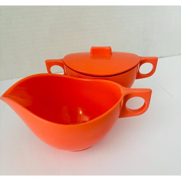 Vintage Coral Melmac Cream And Sugar Set Coffee Time Retro Kitsch Made In Canada - Picture 3 of 10
